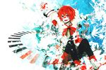 boots coat fukase head_flag highres looking_at_viewer male_focus mini_flag red_eyes red_hair red_sclera ruuya_higashino sitting smile solo stretch vocaloid 
