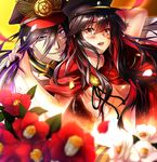  1girl amakasu_masahiko black_hair blurry blush breasts cape crossover depth_of_field family_crest fate_(series) flower hat koha-ace long_hair medium_breasts mia_(gute-nacht-07) military_hat oda_nobunaga_(fate) oda_uri red_eyes soushuu_senshinkan_gakuen_hachimyoujin underboob 