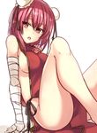  :o ass bandaged_arm bandages bare_legs bare_shoulders black_ribbon blush breasts bun_cover double_bun eyebrows eyebrows_visible_through_hair flower hair_ribbon ibaraki_kasen janne_cherry knees_up looking_at_viewer medium_breasts naked_tabard no_bra no_panties open_mouth pink_eyes pink_flower pink_hair pink_rose ribbon rose short_hair side_cutout sideboob sitting solo tabard thighs touhou 