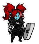  cosplay fang fusion gauntlets hammer highres league_of_legends poppy red_eyes red_hair tag twintails undertale undyne undyne_the_undying undyne_the_undying_(cosplay) yellow_sclera zana 