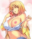  absurdres apple bare_shoulders blonde_hair blush breasts chiffon_fairchild closed_eyes eating food freezing fruit highres hood hooded_jacket jacket kim_kwang_hyun large_breasts navel nipples off_shoulder official_art one_breast_out open_mouth pulling scan short_hair solo strap_pull tank_top 