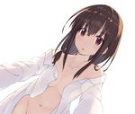  :o bare_shoulders blush bottomless breasts brown_hair collarbone eyebrows eyebrows_visible_through_hair from_below groin hair_between_eyes long_sleeves looking_at_viewer looking_down low_twintails navel no_bra off_shoulder open_clothes open_shirt original parted_lips red_eyes seki_(l0410706268) shirt short_twintails sidelocks small_breasts solo stomach tareme twintails 