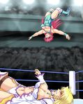  beauty_ichigaya blonde_hair boots breasts cleavage clenched_teeth eyes_closed knee_pads large_breasts leotard long_hair lying mighty_yukiko multiple_girls navel on_back pink_hair purple_eyes shaded_face shiny shiny_clothes shiny_skin taroimo_(00120014) upside-down wrestle_angels wrestle_angels_survivor wrestling wrestling_outfit wrestling_ring wristband 