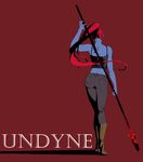  1girl ass blue_skin boots character_name from_behind head_fins high_heel_boots high_heels highres lia_oh monster_girl pants polearm ponytail red_background red_hair shadow simple_background solo spear tank_top undertale undyne weapon 