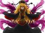  blonde_hair chinese_clothes evil_grin evil_smile fox_tail glowing glowing_eyes grin hat junko_(touhou) kan_(aaaaari35) long_hair red_eyes shaded_face smile solo tail touhou wide_sleeves 