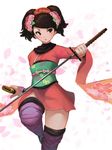  bangs black_hair brown_eyes cherry_blossoms floral_print flower hair_flower hair_ornament hairband hcho highres holding holding_sword holding_weapon japanese_clothes katana kimono left-handed long_sleeves momohime oboro_muramasa petals pink_flower purple_legwear scabbard sheath short_hair short_kimono short_twintails simple_background solo standing standing_on_one_leg swept_bangs sword thighhighs thighs twintails unsheathed weapon white_background wide_sleeves zettai_ryouiki 