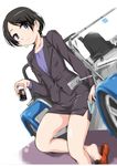  bangs black_hair blazer blue_eyes blue_shirt can canned_coffee car caterham earrings formal ground_vehicle highres holding jacket jewelry light_smile looking_at_viewer miniskirt motor_vehicle no_socks office_lady okitsu_yuka pencil_skirt shirobako shirt shoe_dangle shoes short_hair sitting skirt skirt_suit solo suit swept_bangs wan'yan_aguda 