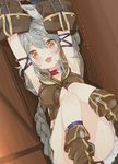  :3 animal_ears armpits arms_up ass blush boots braid breasts cat_ears center_opening collar commentary_request convenient_leg erune fang gloves granblue_fantasy grey_hair hair_between_eyes highres kamioka_shun'ya long_hair looking_at_viewer medium_breasts no_panties open_mouth orange_eyes sen_(granblue_fantasy) solo sweat tears 