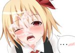  blonde_hair bow cum facial hyaa looking_at_viewer one_eye_closed open_mouth red_eyes rumia saliva short_hair simple_background touhou white_background 