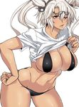  alternate_costume bent_over black_bra black_nails black_panties blush bra breasts brown_eyes cleavage commentary_request contrapposto cowboy_shot dark_skin eyewear_on_head glasses hair_between_eyes hand_on_hip headgear highres kantai_collection kinntarou large_breasts looking_at_viewer musashi_(kantai_collection) nail_polish navel one_eye_closed panties pointy_hair semi-rimless_eyewear shirt shirt_lift short_hair_with_long_locks short_sleeves silver_hair skindentation solo standing two_side_up underwear white_background white_shirt 