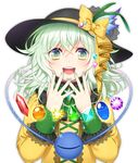  :d adapted_costume bangs bead_necklace beads black_hat blush bow cross-laced_clothes crystal diamond_(shape) eyeball eyebrows eyebrows_visible_through_hair eyelashes flat_chest frills fringe_trim gem green_eyes green_hair hair_between_eyes hat hat_bow hat_feather heart heart-shaped_pupils jewelry komeiji_koishi kuronohana lace long_sleeves nail_polish necklace open_mouth short_hair simple_background smile solo sparkle symbol-shaped_pupils third_eye touhou upper_body white_background 