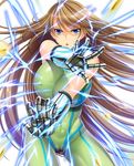  aikawa_arisa angry blue_eyes bodysuit breasts brown_hair bullet electricity energy female gloves ilsa_celeste large_breasts lilith-soft long_hair open_mouth serious simple_background solo taimanin_asagi taimanin_asagi_battle_arena 