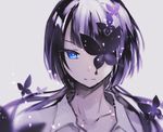  black_hair blue_eyes blurry borrowed_character bug butterfly collarbone depth_of_field expressionless grey_background highres hijiri_(resetter) insect long_hair looking_at_viewer original portrait simple_background sketch solo 