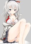  bare_legs barefoot beret blush breasts cleavage collarbone frilled_sleeves frills grey_background grey_eyes grey_shirt grey_skirt hat kantai_collection kashima_(kantai_collection) knees_up large_breasts looking_at_viewer military military_uniform miniskirt off_shoulder open_clothes open_shirt panties pantyshot pantyshot_(sitting) pleated_skirt shirt sidelocks silver_hair simple_background siroyuki sitting skirt smile solo tsurime twintails twitter_username underwear uniform wavy_hair white_panties 