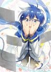  blue_eyes blue_hair commentary crying crying_with_eyes_open eighth_note from_above kaito kikuchi_mataha male_focus musical_note nail_polish petals solo tears vocaloid 