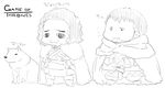  a_song_of_ice_and_fire animal animal_ears armor beard cape chibi cloak dog facial_hair flying_sweatdrops full_body fur_trim furrowed_eyebrows game_of_thrones greyscale jon_snow monochrome mudou_eichi multiple_boys pointy_ears samwell_tarly scabbard sheath simple_background sitting standing sword tail translation_request weapon white_background wolf wolf_ears wolf_tail 