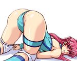  ass blush boots breasts knee_pads leotard long_hair looking_at_viewer mighty_yukiko pink_hair purple_eyes shiny shiny_clothes shiny_skin simple_background solo taroimo_(00120014) top-down_bottom-up white_background wrestle_angels wrestle_angels_survivor wrestling_outfit wristband 