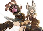  animal_ears arm_support arm_up bad_id bad_twitter_id bangs belt boots breasts brown_eyes center_opening claw_(weapon) collar elbow_gloves erune eyebrows eyebrows_visible_through_hair flipped_hair gloves granblue_fantasy hair_between_eyes hip_vent hood large_breasts long_hair looking_at_viewer miniskirt one_eye_closed oversized_object paw_gloves paws pleated_skirt sen_(granblue_fantasy) silver_hair sitting skirt smile solo touzai_(poppin_phl95) underboob waving weapon white_background 