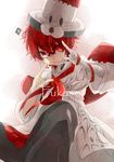  asymmetrical_clothes bandaged_arm bandages bandaid bandaid_on_nose boots bow character_name fukase hat head_flag headset highres looking_at_viewer male_focus pointing red_eyes red_sclera solo tamagoyaki_(tamagomaigo) top_hat vocaloid 