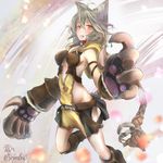  animal_ears blush boots braid breasts brown_eyes brown_footwear claws erune gloves granblue_fantasy hair_between_eyes highres long_hair looking_at_viewer medium_breasts open_mouth sen_(granblue_fantasy) shimono_(utapre) silver_hair skirt solo twitter_username 