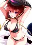  :d amisu armpits arms_up bare_shoulders black_bra black_panties bra breasts chain cleavage clothes_writing collar covered_nipples earth_(ornament) hecatia_lapislazuli large_breasts long_hair looking_at_viewer moon_(ornament) navel on_bed open_mouth panties polos_crown red_eyes red_hair simple_background sitting smile solo touhou underwear undressing wariza white_background 