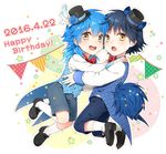  2boys :d animal_ears black_hair blue_hair bow bowtie brown_eyes chestnut_mouth child coattails dated dog_ears dog_tail dramatical_murder fang happy_birthday hat highres kneehighs kuronohana male_focus mini_hat mini_top_hat multiple_boys open_mouth ren_(dramatical_murder) seragaki_aoba shorts smile sparkle star string_of_flags tail top_hat waistcoat white_legwear yellow_eyes younger 