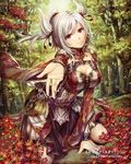 arm_support breasts cleavage cleavage_cutout flower forest gabiran kneeling large_breasts looking_at_viewer nature official_art outstretched_arm ponytail ponytail_holder red_eyes smile solo tenkuu_no_crystalia tree white_hair 