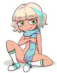  blue_scarf blush breasts covering covering_breasts dark_skin disney freckles green_eyes jackie_lynn_thomas multicolored_hair nollety scarf shoes short_hair small_breasts sneakers socks solo spread_legs star_vs_the_forces_of_evil two-tone_hair white_hair 