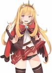  absurdres bangs black_legwear black_panties blonde_hair cagliostro_(granblue_fantasy) cape commentary_request granblue_fantasy hairband highres long_hair looking_at_viewer open_mouth panties sato_(samanosuke_0710) skirt skirt_lift solo thighhighs underwear 