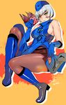  ashiomi_masato bare_shoulders black_legwear blue_dress blue_footwear blue_gloves book boots breasts crotch_seam dress elizabeth_(persona) gloves hat knee_boots large_breasts pantyhose persona persona_3 short_hair sideboob silver_hair skirt skirt_lift solo yellow_eyes 