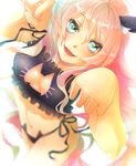  ahoge animal_ears aqua_eyes bell blurry blush breasts cat_ears cat_lingerie depth_of_field dies_irae highres jingle_bell long_hair medium_breasts meme_attire mia_(gute-nacht-07) navel panties pink_hair rusalka_schwagerin side-tie_panties smile solo underwear 