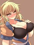  3: ahoge angry black_bra blonde_hair blush bra breasts cleavage frown full-face_blush green_eyes hand_on_breast highres large_breasts looking_at_viewer mizuhashi_parsee navel open_clothes open_robe pointy_ears robe short_hair solo sweat touhou ueda_katsuhito underwear v-shaped_eyebrows 