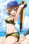  absurdres akiyama_yukari armpits arms_up backwards_hat bangs bare_shoulders barefoot beach bikini blue_hat blush breasts brown_eyes brown_hair camouflage camouflage_bikini cleavage cloud cloudy_sky cowboy_shot day eyebrows eyebrows_visible_through_hair girls_und_panzer gloves hat highres holding looking_at_viewer md5_mismatch medium_breasts navel okitsugu open_mouth outdoors oversized_object sandals sandals_removed shiny shiny_skin short_hair sky solo stomach strap_gap swimsuit tank_shell water 