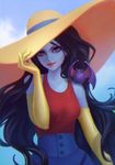  adjusting_clothes adjusting_hat adventure_time animal animal_on_shoulder bat black_hair elbow_gloves gloves grey_skin hat highres lagunaya large_hat lipstick long_hair makeup marceline_abadeer red_eyes red_lipstick solo sun_hat tank_top very_long_hair yellow_gloves 