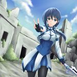  black_gloves black_legwear blue_eyes blue_hair fingerless_gloves gloves hai_to_gensou_no_grimgar highres holding holding_weapon long_hair merry_(grimgar) pantyhose polearm ruins scal2let solo spear weapon 