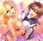  ayase_kasumi blonde_hair breast_press breasts brown_eyes brown_hair dies_irae green_eyes heart holding_hands large_breasts long_hair marie_(dies_irae) mia_(gute-nacht-07) multiple_girls open_mouth short_hair smile symmetrical_docking 