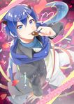  blue_eyes blue_hair checkered checkered_background checkered_floor chocolate commentary demon_horns fang from_above heart horns jacket kaito kikuchi_mataha male_focus nail_polish open_clothes open_jacket polka_dot scarf solo sparkle valentine vocaloid 