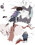  2boys androgynous blood bossmonsterbani brown_hair death dust frisk_(undertale) gameplay_mechanics hair_ribbon highres hood hoodie injury knife monster_girl motion_blur multiple_boys murder papyrus_(undertale) partially_colored red_eyes ribbon sans scarf shirt skeleton slippers spoilers striped striped_shirt tabard toriel undertale white_background 