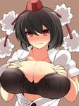  black_bra black_hair blush bra breast_squeeze breasts bursting_breasts cleavage collared_shirt hat highres huge_breasts looking_at_viewer nervous open_clothes open_shirt pom_pom_(clothes) red_eyes shameimaru_aya shirt short_hair shy solo sweat tokin_hat touhou tsurime ueda_katsuhito unbuttoned underwear wavy_mouth 