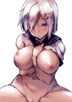  blue_eyes blush bottomless breasts hair_ornament hairclip hamakaze_(kantai_collection) kantai_collection large_breasts looking_at_viewer md5_mismatch nipples out-of-frame_censoring redcomet school_uniform serafuku shirt short_hair silver_hair solo torn_clothes torn_shirt 