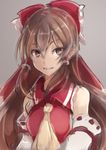  :d bare_shoulders bow brown_eyes brown_hair collared_vest detached_sleeves grey_background hair_between_eyes hair_bow hair_tubes hakurei_reimu long_hair opanchu_(hakusen) open_mouth red_bow red_vest ribbon-trimmed_sleeves ribbon_trim sidelocks simple_background smile solo touhou upper_body very_long_hair vest 
