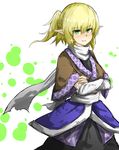  arm_support blonde_hair blush green_eyes japanese_clothes kan_(aaaaari35) mizuhashi_parsee pointy_ears ponytail scarf solo touhou 