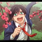  bad_id bad_pixiv_id black_hair cherry_blossoms clenched_hand from_above glasses grass green_eyes idolmaster idolmaster_side-m iseya_shiki jacket letterboxed maguro_(ma-glo) male_focus necktie open_clothes open_jacket open_mouth petals pink-framed_eyewear red_neckwear running smile solo tree_branch twitter_username 