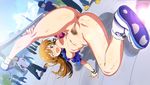  andou_shuuki anus ass braid breasts brown_hair decensored dutch_angle exhibitionism grey_eyes idolmaster idolmaster_million_live! kousaka_umi long_hair looking_at_viewer nipples no_socks one_eye_closed outdoors pubic_hair pussy shoes sneakers solo_focus spread_legs third-party_edit uncensored 