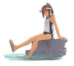  2016 armpits bare_legs bare_shoulders blue_swimsuit blush brown_eyes brown_hair closed_mouth collarbone dangling dated hat i-401_(kantai_collection) kantai_collection kawashina_(momen_silicon) looking_at_viewer ocean one-piece_swimsuit orange_hat pier ponytail ribbon sailor_collar sandals school_swimsuit shirt short_hair sidelocks sitting sleeveless sleeveless_shirt smile soaking_feet solo swimsuit visor_cap water white_ribbon white_shirt 