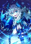  1girl :d asymmetrical_clothes bad_id bad_pixiv_id blue blue_background blue_eyes demon_girl diabla_(elsword) elsword foreshortening gloves horns long_hair looking_at_viewer luciela_r._sourcream midriff navel open_mouth piyo_(ppotatto) pointy_ears single_pantsleg smile solo symbol-shaped_pupils tail twitter_username white_hair 