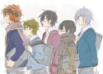  akiyama_hayato black_hair blue_hair blush breath cowboy_shot doodle from_side fuyumi_jun glasses gloves green_hair high_x_joker idolmaster idolmaster_side-m iseya_shiki male_focus multiple_boys orange_hair pink-framed_eyewear sakaki_natsuki sano_(splina) scarf sweatband wakazato_haruna walking winter_clothes 