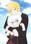  1girl blonde_hair blue_eyes blush clouds cslucaris eyes_closed height_difference hug hug_from_behind jaune_arc ponytail pout rwby scar school_uniform smile weiss_schnee white_hair 