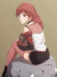  black_shorts brown_eyes brown_hair casino_(casinoep) detached_sleeves from_behind hai_to_gensou_no_grimgar highres long_hair long_legs looking_at_viewer red_legwear shorts simple_background sitting smile solo thighhighs yume_(grimgar) 