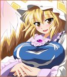  :d bad_id bad_pixiv_id blonde_hair blush breasts commentary dress fang fox_tail frills hat highres kyuubi large_breasts long_sleeves looking_at_viewer mob_cap multiple_tails nekorin open_mouth pillow_hat short_hair smile solo tabard tail touhou upper_body white_dress wide_sleeves yakumo_ran yellow_eyes 